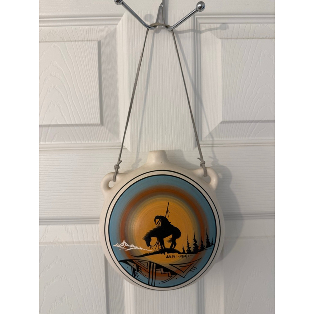 Native American "End of Trail" Design Pottery 2 Handled Hanging Vase Signed